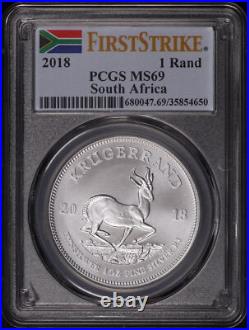 2018 South Africa 1 Rand Silver Krugerrand PCGS MS-69 First Strike Flag Label