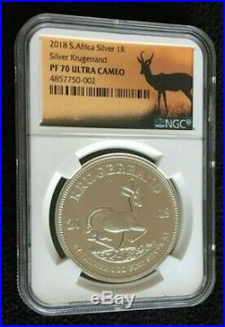 2018 South Africa 1 oz. Silver Krugerrand Proof R1 Coin NGC PF70 Springbok label