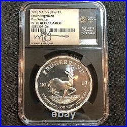 2018 South Africa Krugerrand First Releases Pf70 Signed Tumi Silver Coa #36m