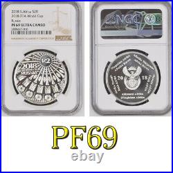 2018 South Africa SILVER PROOF 2 RAND SOCCER FIFA WORLD CUP RUSSIA ngc PF69 R2