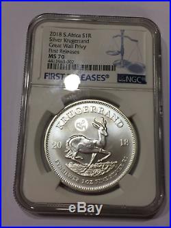2018 South Africa Silver Krugerrand MS70 1 oz Great Wall Privy BICE Beijing Coin