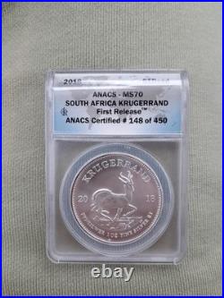 2018 South African Krugerrand 1 Oz Fine Silver First Release ANACS MS 70 149/450