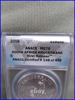 2018 South African Krugerrand 1 Oz Fine Silver First Release ANACS MS 70 149/450