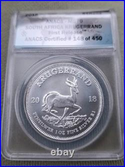 2018 South African Krugerrand 1 Oz Fine Silver First Release ANACS MS 70 149/450