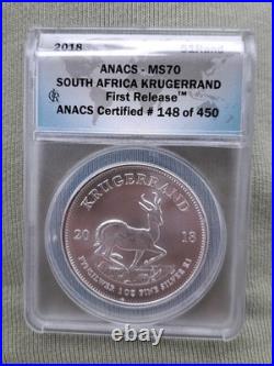 2018 South African Krugerrand 1 Oz Fine Silver First Release ANACS MS 70 149/450