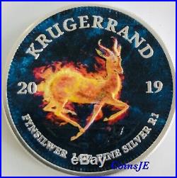 2019 1 oz. 999 South African Krugerrand Burning Colorised Silver Coin Box & Coa
