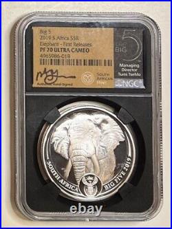 2019 S. Africa 1 oz Silver 5 Rand Big 5 Elephant NGC PF70 Ultra Cameo SIGNED