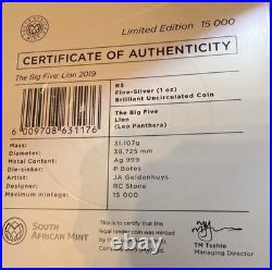 2019 S. Africa 5 Rand Big Five Lion 1 oz Silver Proof (African Mint)