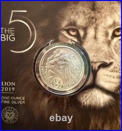 2019 S. Africa 5 Rand Big Five Lion 1 oz Silver Proof with display (African Mint)