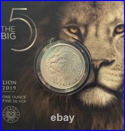 2019 S. Africa 5 Rand Big Five Lion 1 oz Silver Proof with display (African Mint)