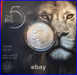 2019 S. Africa 5 Rand Big Five Lion 1 oz Silver Proof with display (African Mint)