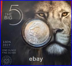 2019 S. Africa 5 Rand Big Five Lion 1 oz Silver Proof with display (African Mint)