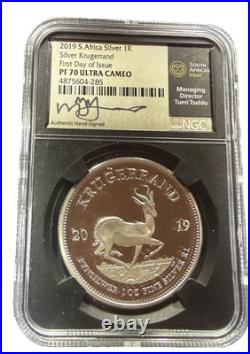 2019 S. African Silver KRUGERRAND PF70 Ultra Cameo NGC sign by Tumi Tsehlo FDOI