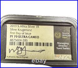 2019 S. African Silver KRUGERRAND PF70 Ultra Cameo NGC sign by Tumi Tsehlo FDOI
