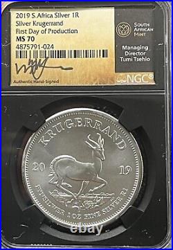 2019-S South Africa. 999 1oz Silver Krugerrand FDOP NGC MS70