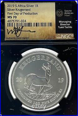 2019-S South Africa. 999 1oz Silver Krugerrand FDOP NGC MS70