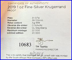 2019 Silver South Africa Proof Krugerrand 1 Oz Coin Box Coa