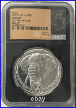 2019 South Africa 1oz. 999 Silver 5 Rand The Big Five Elephant FDOI NGC MS70