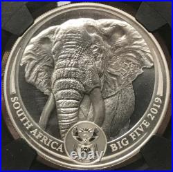 2019 South Africa 1oz. 999 Silver 5 Rand The Big Five Elephant FDOI NGC MS70
