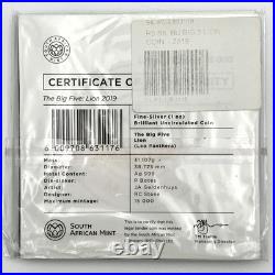 2019 South Africa Mint Big Five 5 Rand Lion 1 oz 999 Fine Silver Coin in Plastic