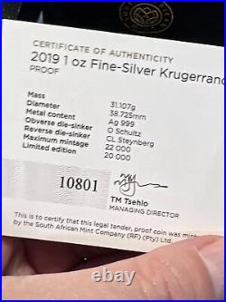 2019 South Africa Proof 1 Ounce. 999 Fine Silver Krugerrand Coin