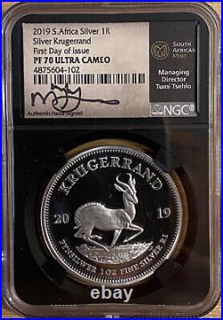 2019 South Africa Proof Silver Krugerrand Ngc Pf70 First Day Issue Tumi Signed