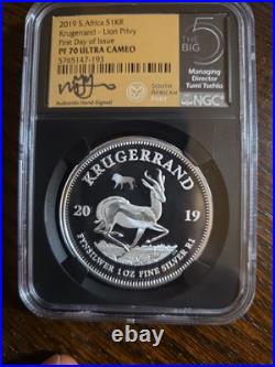 2019 South Africa Silver Krugerrand Lion Privy FDOI PF70 Tumi Tsehlo Signed