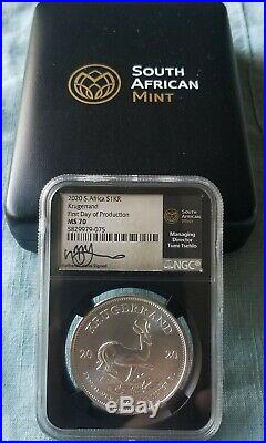 2020 SA 1oz Silver Krugerrand NGC MS70 First Day Of PRODUCTION Tumi Signed RARE