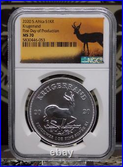 2020 S. Africa 1oz Silver KRUGERRAND NGC MS70 #053ARC FIRST DAY of PRODUCTION