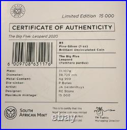 2020 S. Africa 5 Rand Big Five Leopard 1 oz Silver Proof (African Mint)