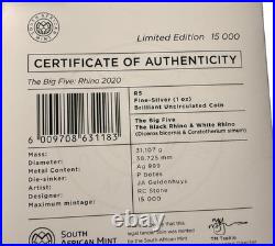 2020 S. Africa 5 Rand Big Five Rhino 1 oz Silver Proof (African Mint)