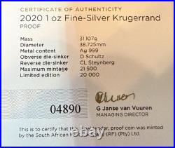 2020 Silver South Africa Proof Krugerrand 1 Oz Coin Box Coa