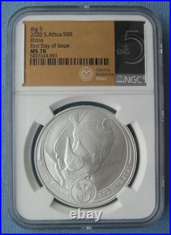 2020 South Africa 5 Rand Big Five Rhino 1 oz Silver NGC MS 70 FDOI