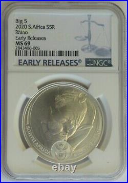 2020 South Africa Big 5 Rhino Silver 5 Rand NGC Early Releases MS69