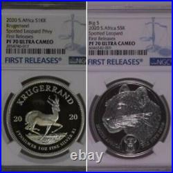 2020 South Africa KRUGERRAND/BIG5 LEOPARD PF70 UC FIRST RELEASES 2 COIN SET
