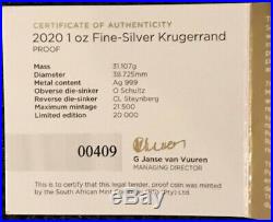 2020 South Africa Silver Proof Krugerrand PF70 FDOI TUMI Signed COA INC