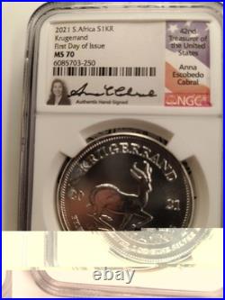 2021 Krugerrand PF70 FDOI UC (Pop 45) Signed By Anna Cabral E20-81 (Milk Spots)