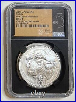 2021 S. Africa 1 oz Silver 5 Rand Big 5 Buffalo NGC MS 70 First 500 Issued