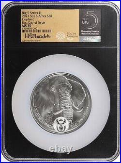 2021 S. Africa 5 oz Silver 5 Rand Big 5 Elephant NGC MS 70 First Day Mamabolo