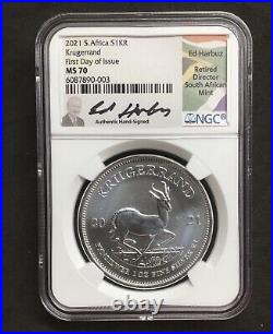 2021 S. Africa Krugerrand Silver Ngc Ms70 First Day Of Issue Ed Harbuz Signed