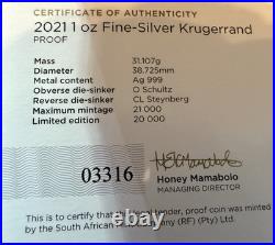 2021 Silver South Africa Proof Krugerrand 1 Oz Coin Box Coa