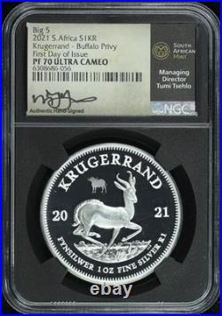 2021 South Africa Silver Big 5 Buffalo Privy Krugerrand NGC PF-70 UC FDOI Tsehlo