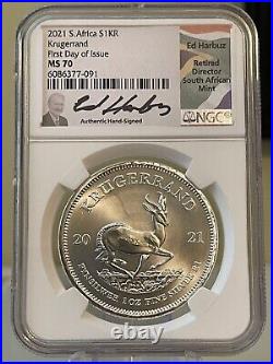 2021 South Africa Silver Krugerrand Ngc Ms70 First Day Of Issue Ed Harbuz Signed