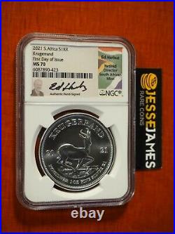 2021 South Africa Silver Krugerrand Ngc Ms70 First Day Of Issue Ed Harbuz Signed