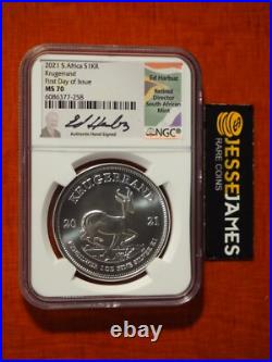 2021 South Africa Silver Krugerrand Ngc Ms70 First Day Of Issue Ed Harbuz Signed