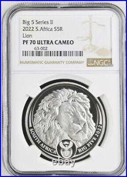 2022 Silver BIG 5 LION NGC PF 70 South Africa proof R5 BIG FIVE SERIES II