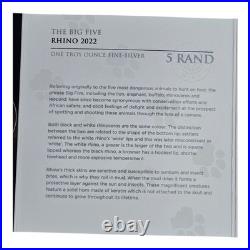 2022 South African Mint 1 Ounce Silver Big 5 Black & White Rhino. 999 Fine 1 oz