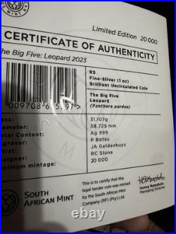 2023 5R South Africa the Big 5 Leopard 1ozt Silver Coin Low Mint Numbered Packs