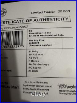 2023 5R South Africa the Big 5 Leopard 1ozt Silver Coin Low Mint Numbered Packs