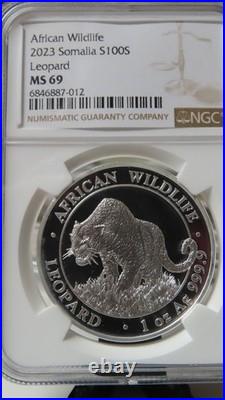 2023 Somalia 1 oz. 9999 Silver African Wildlife Leopard MS 69 Early Releases